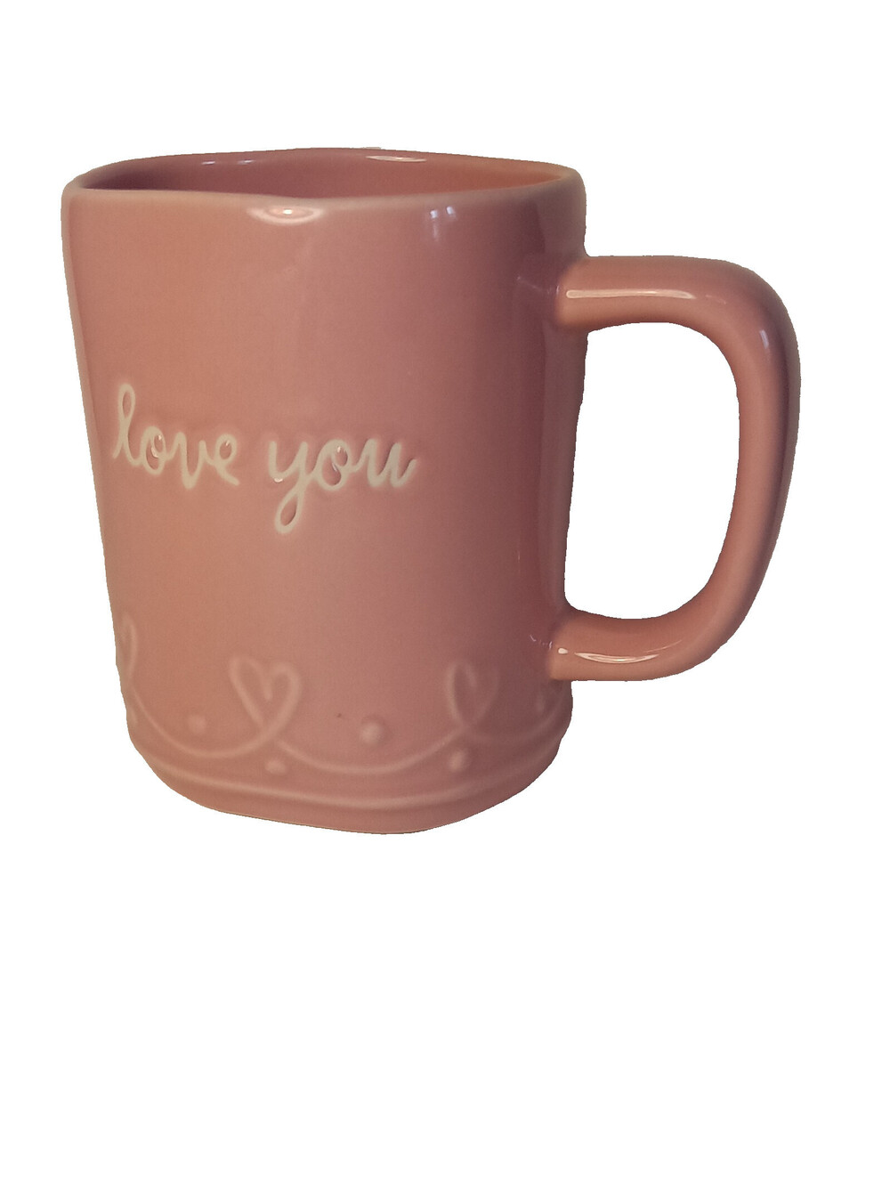 Rae Dunn Artisan Collection Magenta Pink Ceramic "Love You" Mug Handle Safe